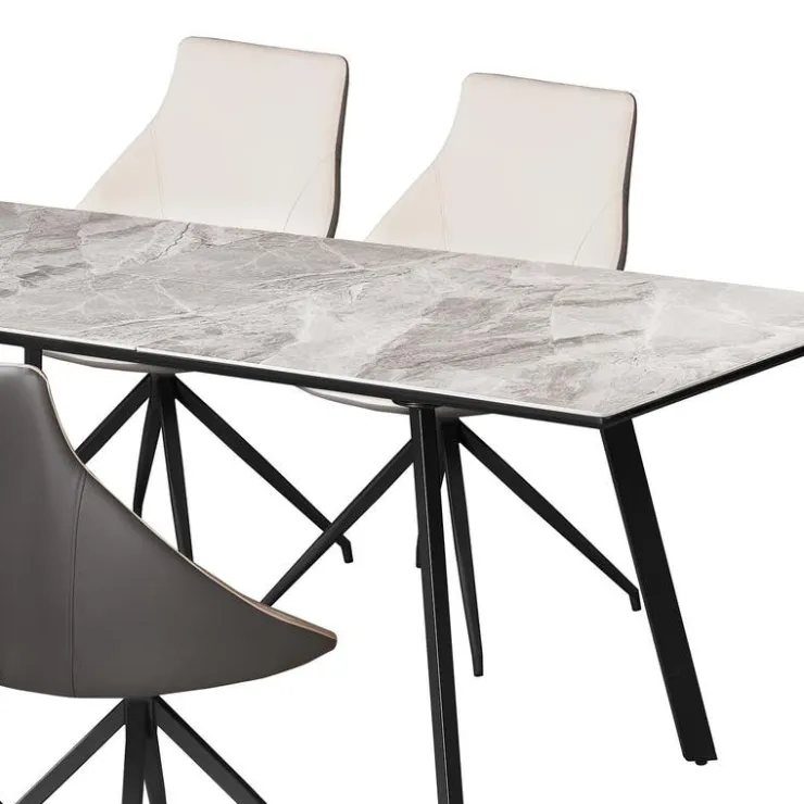 Sintered Stone Table and 4 Kitchen Armchairs - Cream and Grey Marble/Black/Cream/Grey Hot