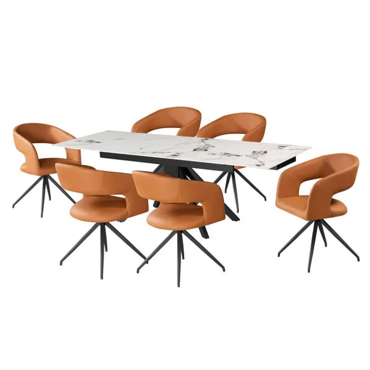 Sintered Stone Table and 6 Kitchen Armchairs - Pumpkin Orange Grey/White/Black/Tan Discount