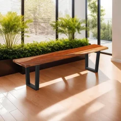 Solid Wood Bench Natural sheesham and black metal Clearance