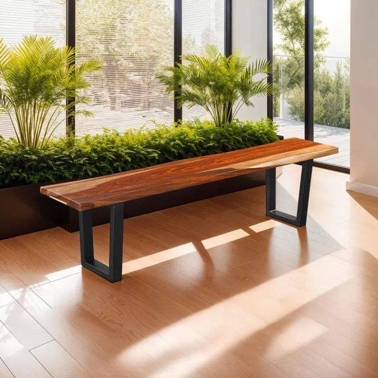 Solid Wood Bench Natural sheesham and black metal Clearance