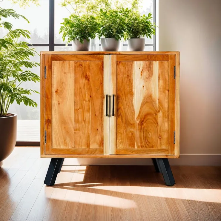 Solid Wood Buffet Acacia natural and black metal Clearance