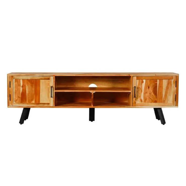 Solid Wood TV Stand - 70" Acacia natural and black metal Hot