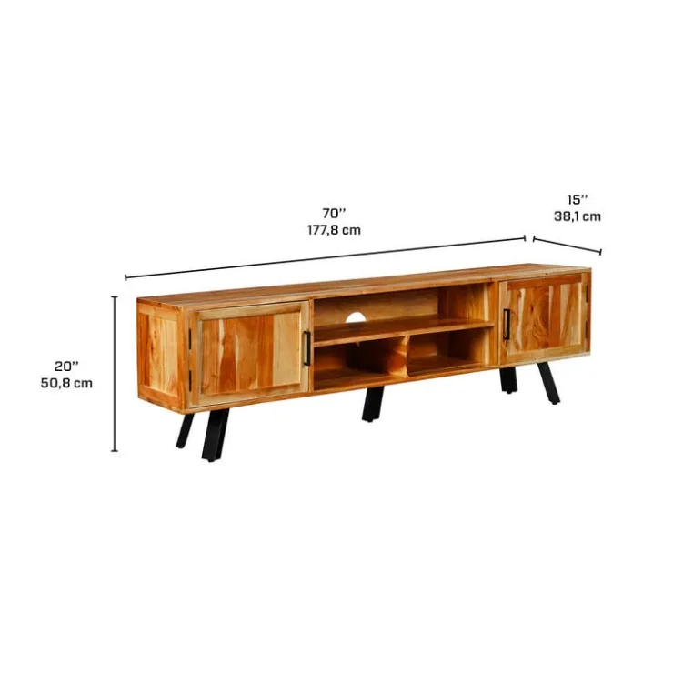 Solid Wood TV Stand - 70" Acacia natural and black metal Hot