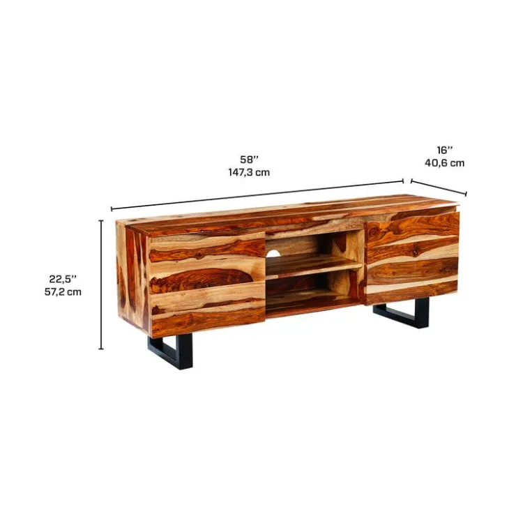 Solid Wood TV Stand - 58" Natural sheesham and black metal New