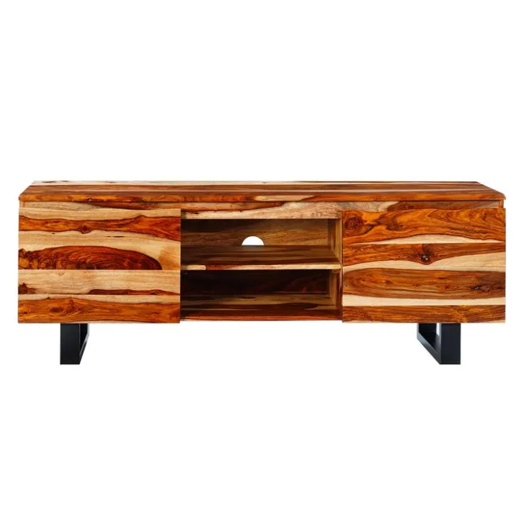Solid Wood TV Stand - 58" Natural sheesham and black metal New