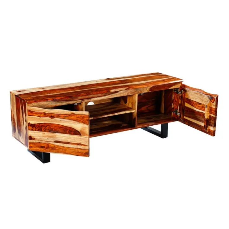Solid Wood TV Stand - 58" Natural sheesham and black metal New