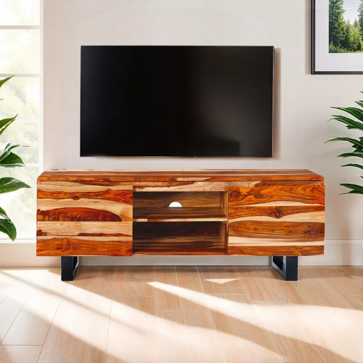 Solid Wood TV Stand - 58" Natural sheesham and black metal New