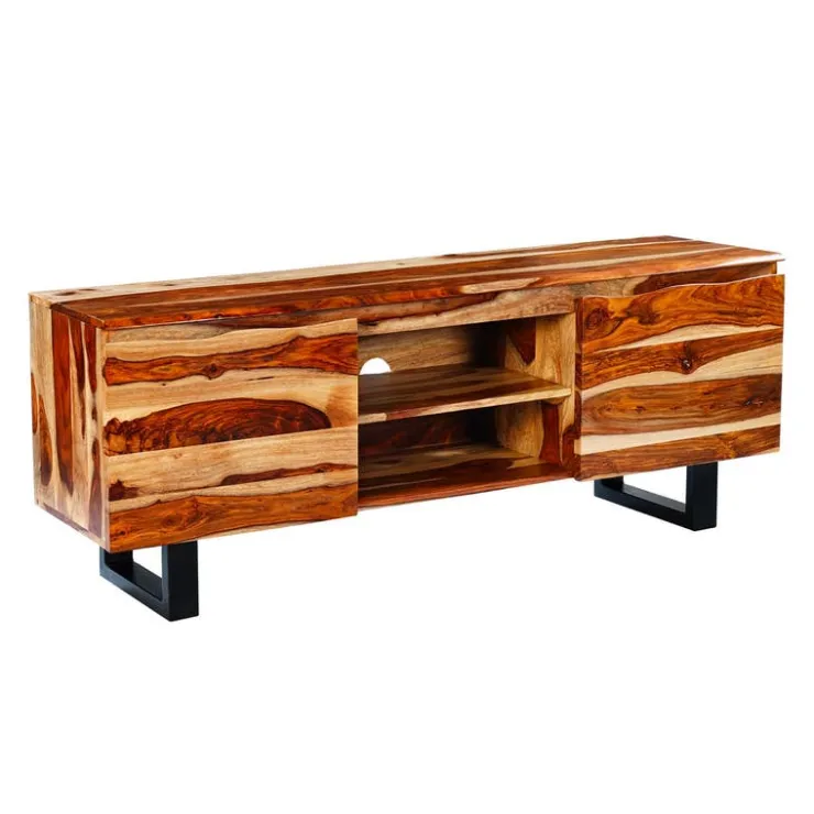Solid Wood TV Stand - 58" Natural sheesham and black metal New