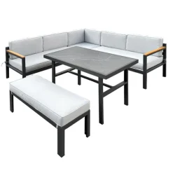 Steel Outdoor Sectional with Dining Table and Bench - 3 pcs Grey