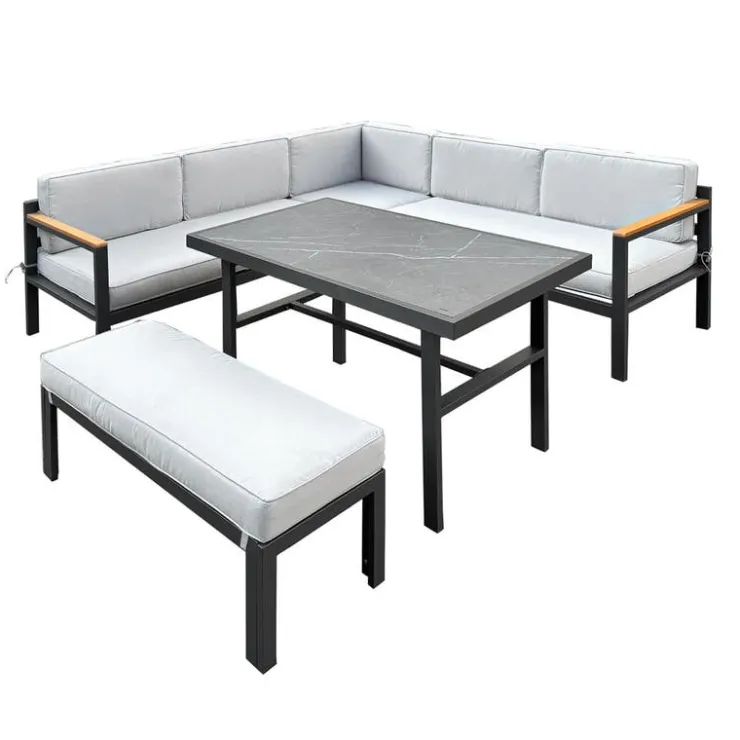 Steel Outdoor Sectional with Dining Table and Bench - 3 pcs Grey