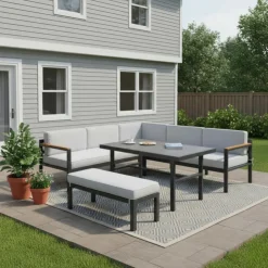 Steel Outdoor Sectional with Dining Table and Bench - 3 pcs Grey