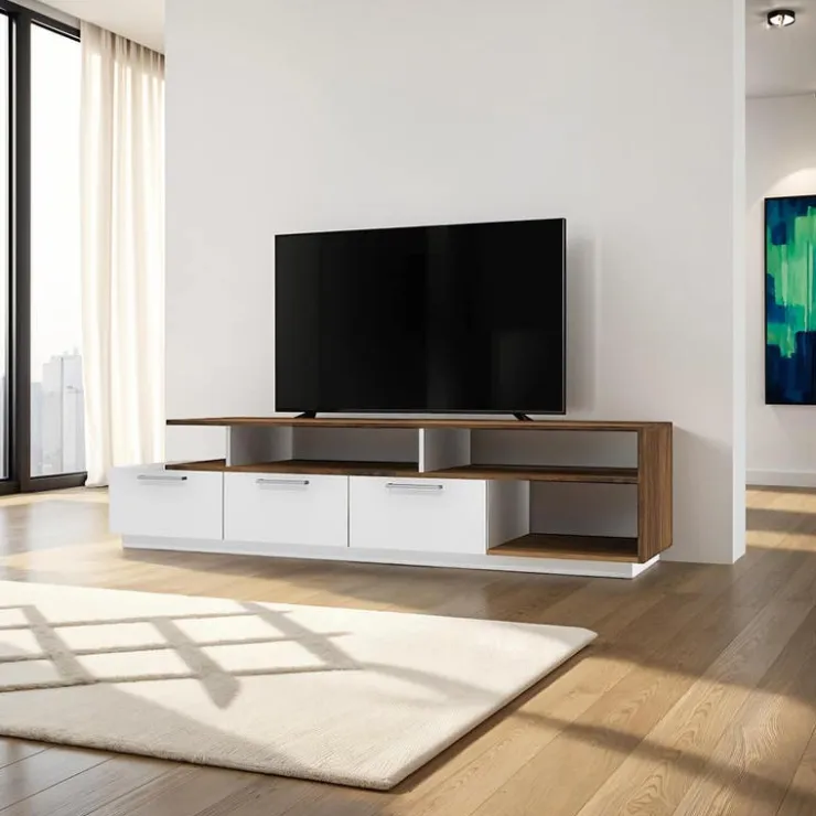 MEQ TV Stand with Drawers 72" White/Walnut Clearance
