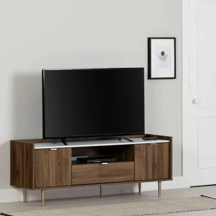 Meubles South Shore TV Stand with Drawers 72" - South Shore Natural Walnut and Faux Carrara Marble