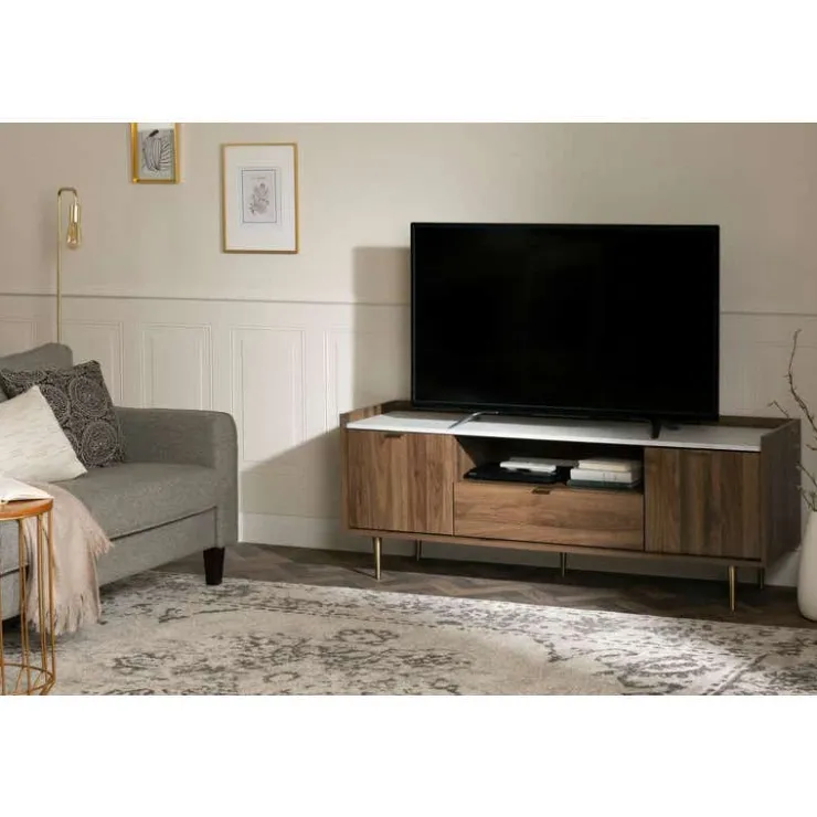 Meubles South Shore TV Stand with Drawers 72" - South Shore Natural Walnut and Faux Carrara Marble