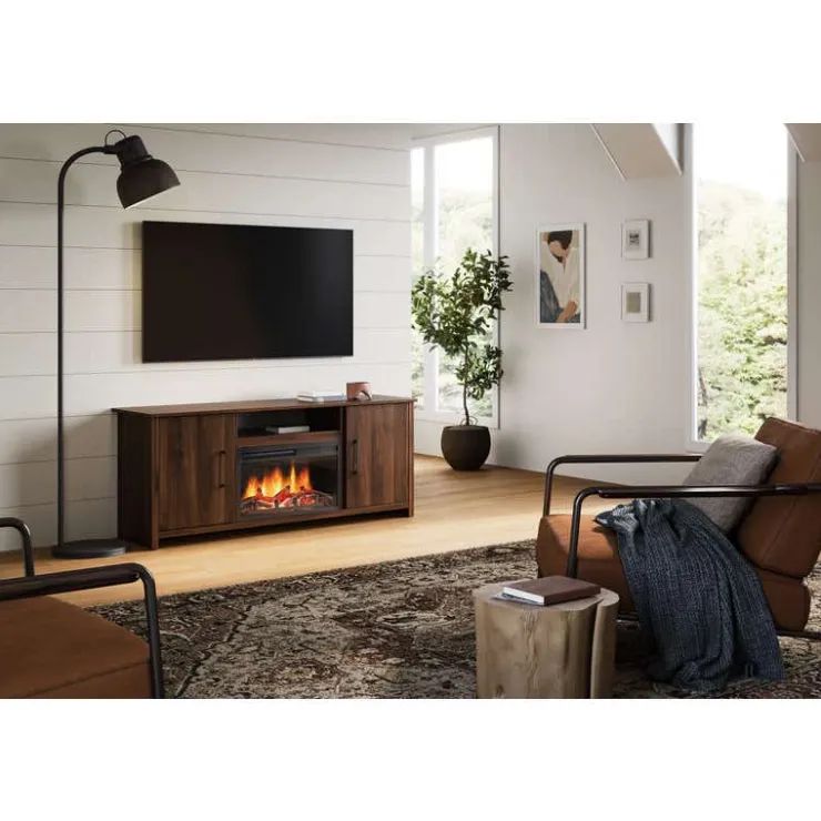 Meubles South Shore TV Stand with Electric Fireplace 60" - South Shore Natural Walnut Clearance