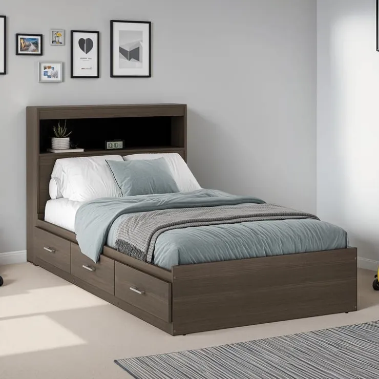 SUA-V Twin Bed with 3-Drawer Storage and Headboard (39") Taupe Clearance