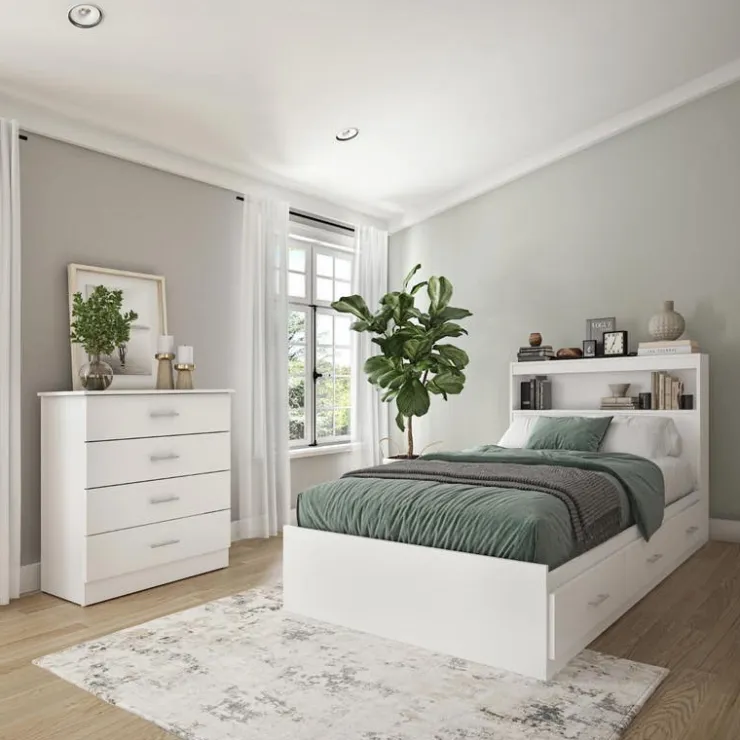 SUA-V Twin Bed with 3-Drawer Storage, Headboard and Dresser (39") Blanc Clearance