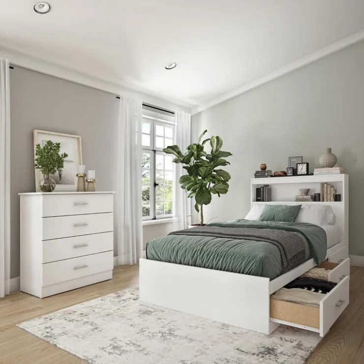 SUA-V Twin Bed with 3-Drawer Storage, Headboard and Dresser (39") Blanc Clearance