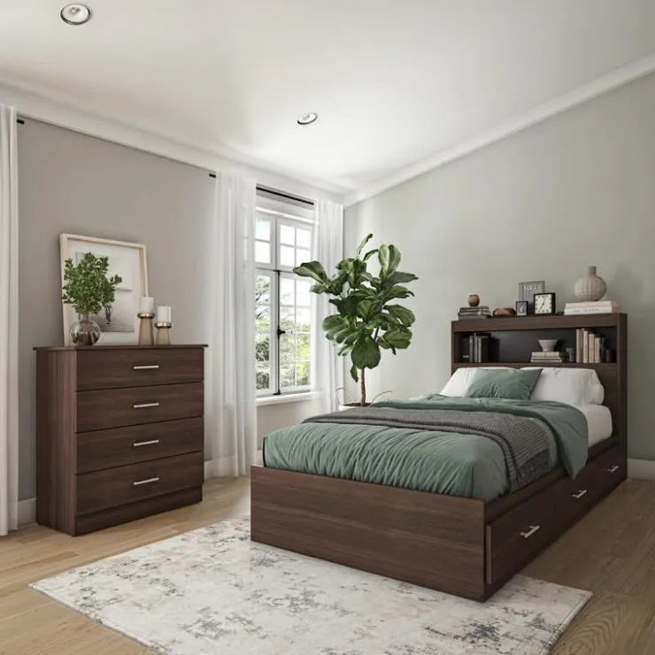 SUA-V Twin Bed with 3-Drawer Storage, Headboard and Dresser (39") Taupe