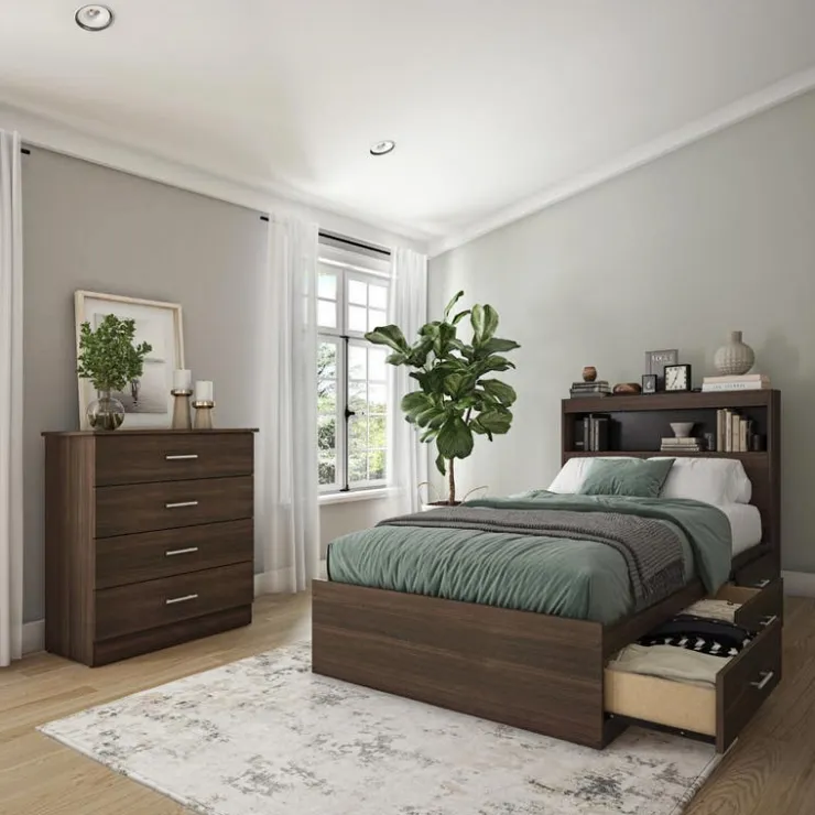 SUA-V Twin Bed with 3-Drawer Storage, Headboard and Dresser (39") Taupe