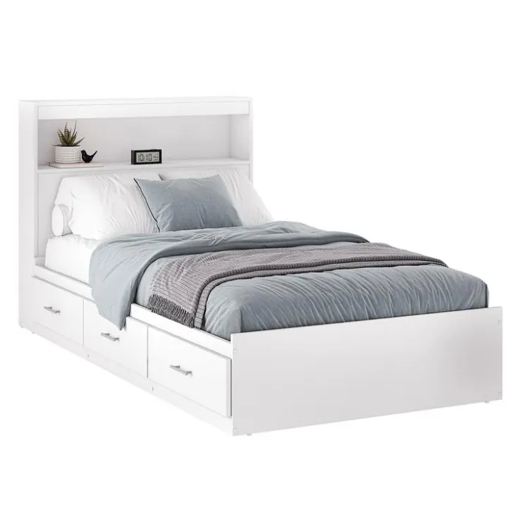 SUA-V Twin Bed with 3-Drawer Storage and Headboard (39") White New