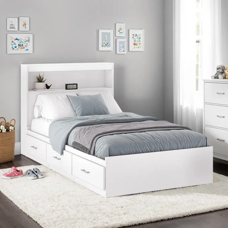 SUA-V Twin Bed with 3-Drawer Storage and Headboard (39") White New