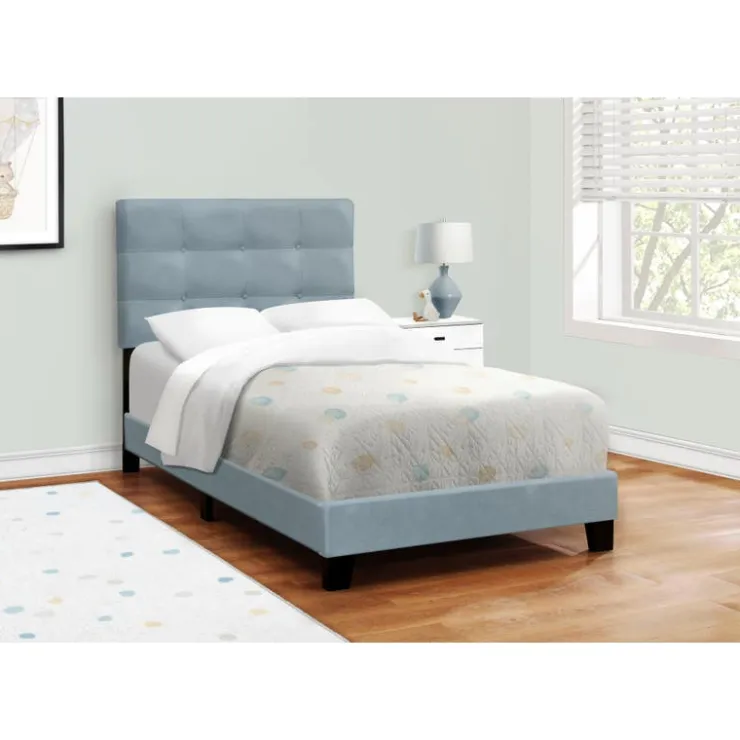 Monarch Twin Velvet Bed with Headboard (39") Steel Blue Clearance