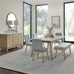 White Marble Top Dining Table, 4 Chairs and 1 Bench - Grey White / Grey / Natural Online