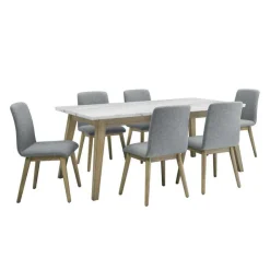 White Marble Top Dining Table with 6 Chairs - Grey White / Grey / Natural