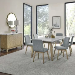 White Marble Top Dining Table with 6 Chairs - Grey White / Grey / Natural