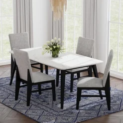 White Marble-Look Top Dining Table with 4 Chairs - Grey Fabric Black/Grey Hot