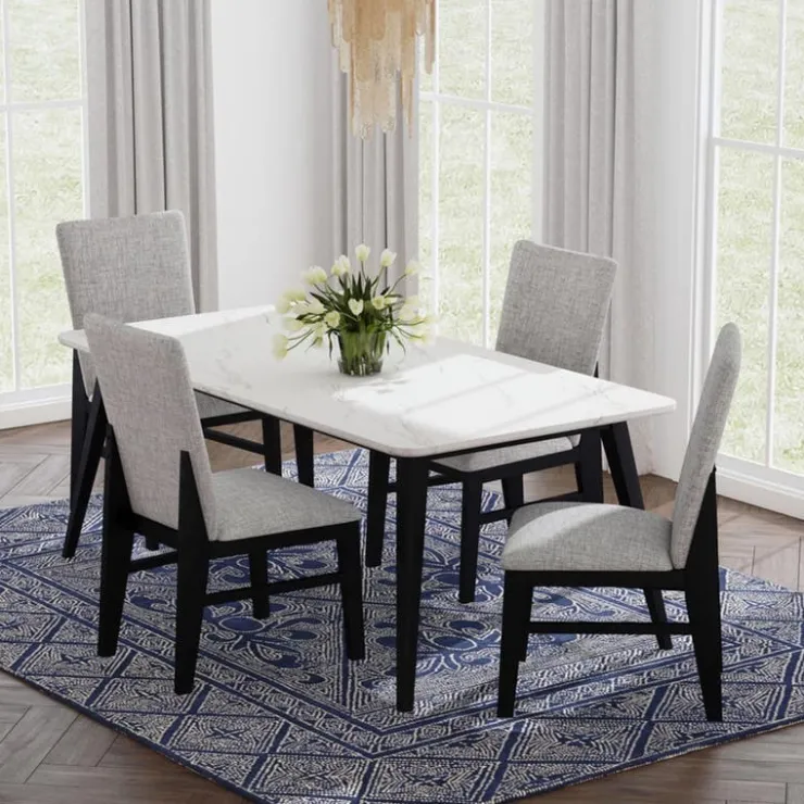 White Marble-Look Top Dining Table with 4 Chairs - Grey Fabric Black/Grey Hot