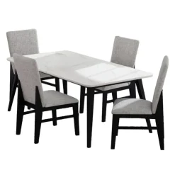 White Marble-Look Top Dining Table with 4 Chairs - Grey Fabric Black/Grey Hot