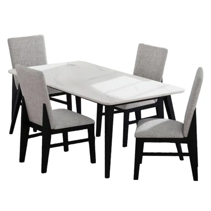 White Marble-Look Top Dining Table with 4 Chairs - Grey Fabric Black/Grey Hot