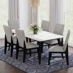 White Marble-Look Top Dining Table with 6 Chairs - Grey Fabric Black/Grey Hot