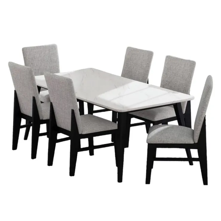White Marble-Look Top Dining Table with 6 Chairs - Grey Fabric Black/Grey Hot