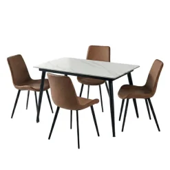 Sintered Stone Dining Set with 4 Cognac Chairs - 48" White New