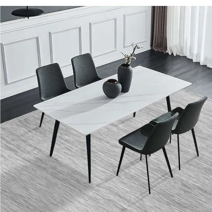 White Sintered Stone Dining Set with 4 Grey Chairs - 59" White Table/Chairs grey Hot
