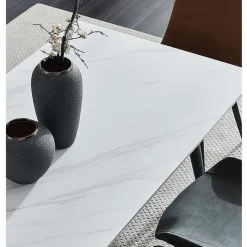 White Sintered Stone Dining Set with 4 Grey Chairs and 2 Cognac Chairs - 59" White Table/ Chairs Grey & orange New