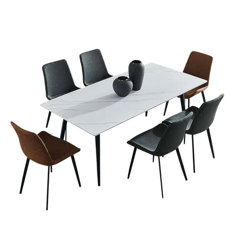 White Sintered Stone Dining Set with 4 Grey Chairs and 2 Cognac Chairs - 59" White Table/ Chairs Grey & orange New