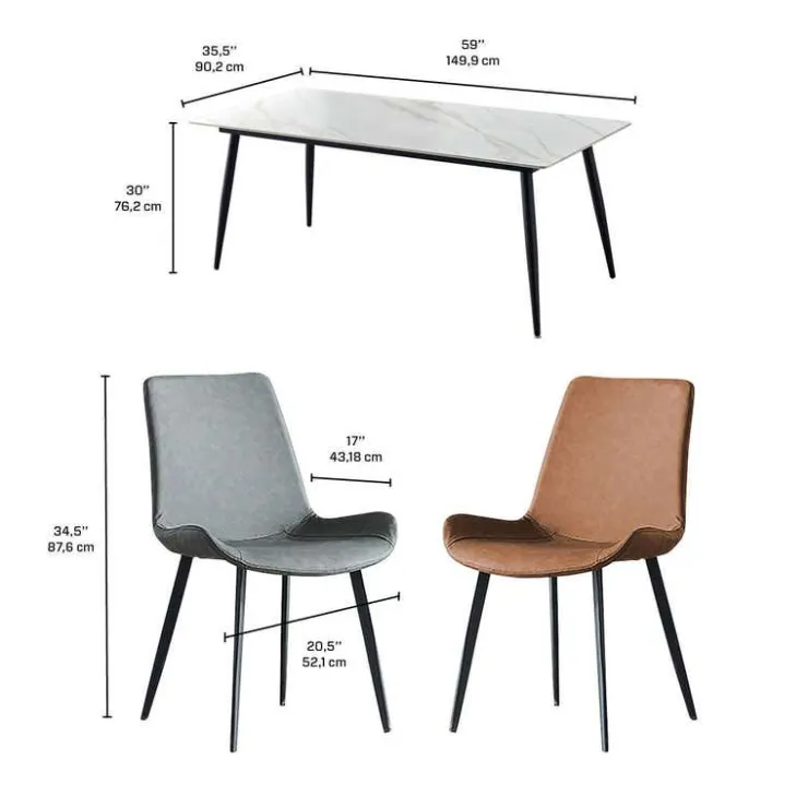 White Sintered Stone Dining Set with 4 Grey Chairs and 2 Cognac Chairs - 59" White Table/ Chairs Grey & orange New