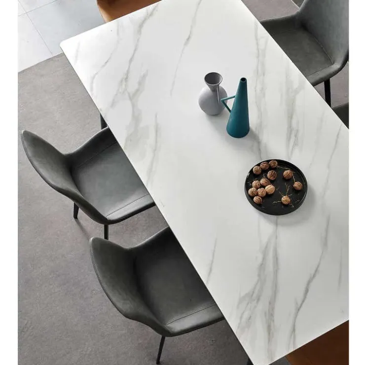 White Sintered Stone Dining Set with 4 Grey Chairs and 2 Cognac Chairs - 59" White Table/ Chairs Grey & orange New