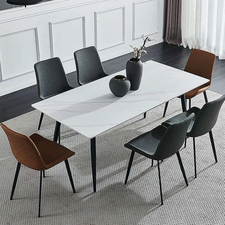 White Sintered Stone Dining Set with 4 Grey Chairs and 2 Cognac Chairs - 59" White Table/ Chairs Grey & orange New